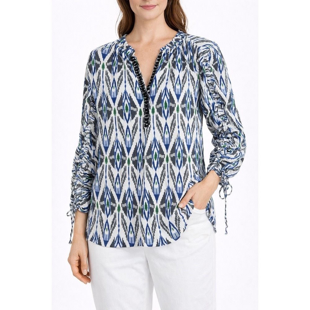 Chico's Tunic Blouse Women's 1.5 Blue Ikat Print Beaded Boho Long Sleeve Top